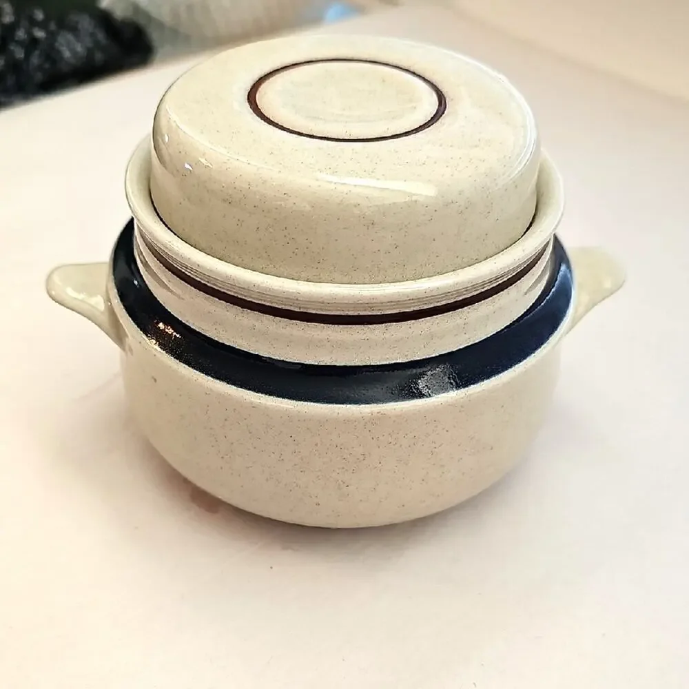 Chateau 1980's Japan Hand Painted Stoneware Kitchen Set w/Navy and Brown Accents